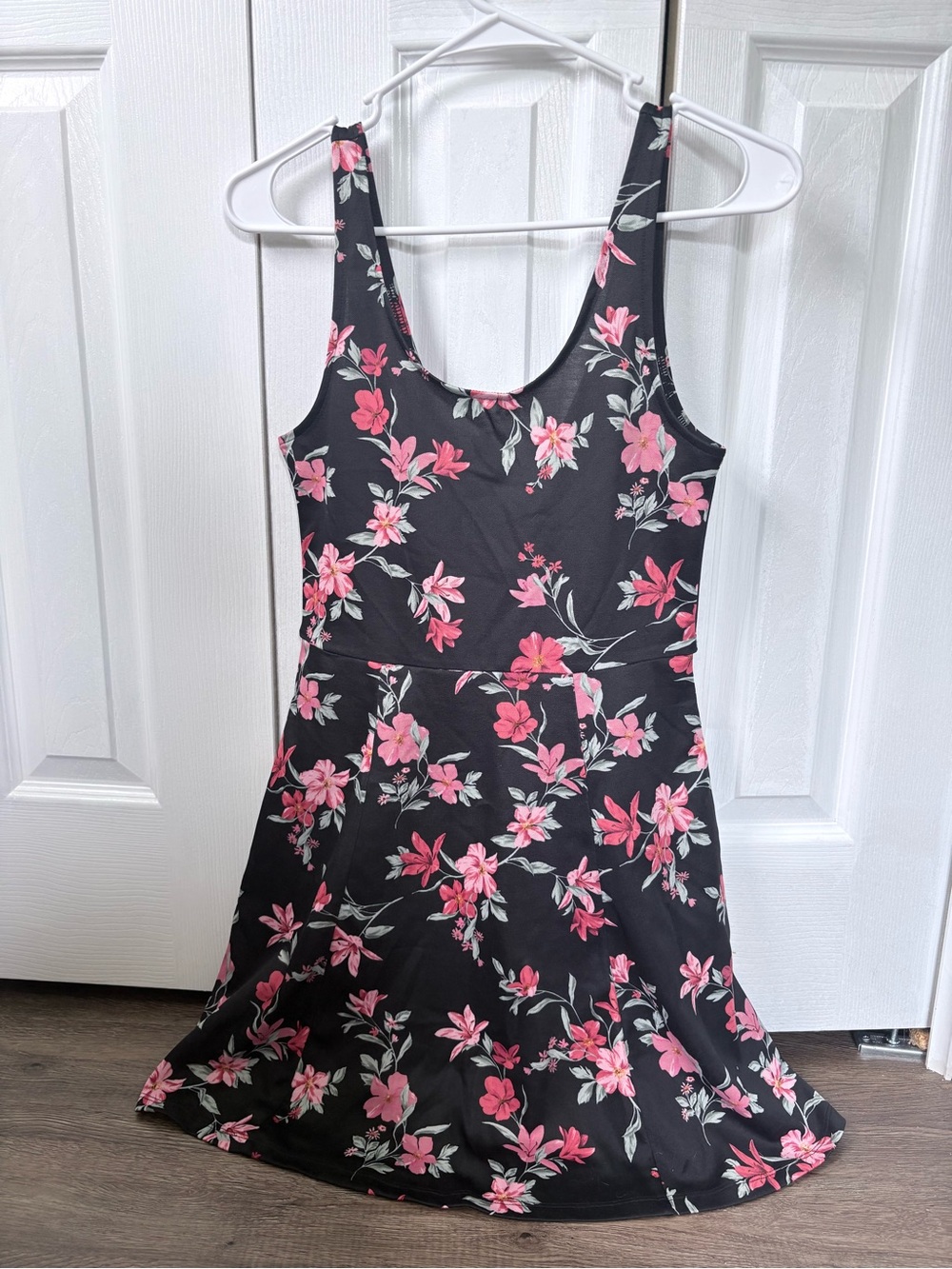 Divided Black Mini Dress with Pink Floral Print